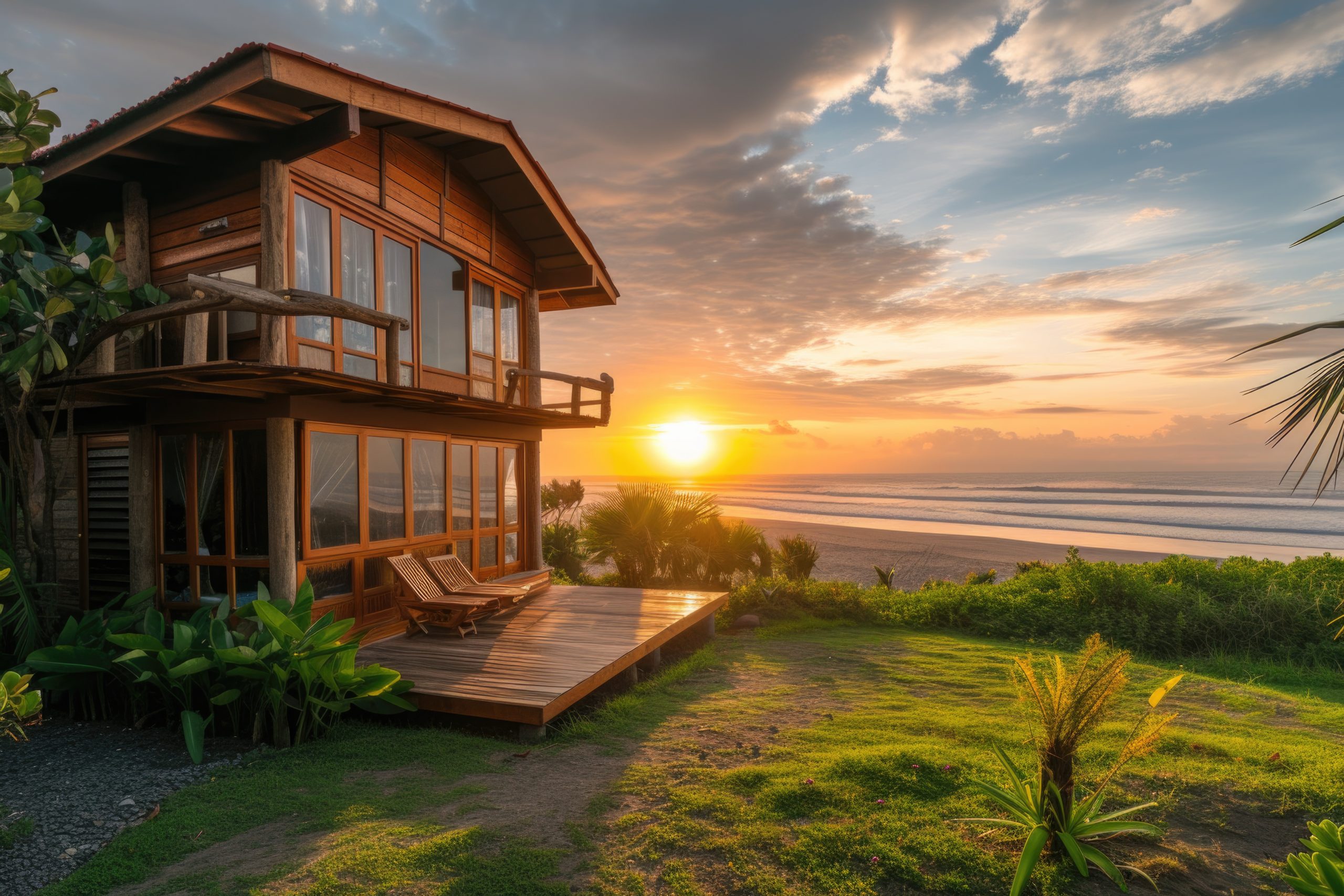 a beautiful wooden houser near the beach, sunset background, wooden material architecture design --ar 3:2 --v 6 Job ID: 0905e61a-4ad6-40c5-a36c-2e2a083214da